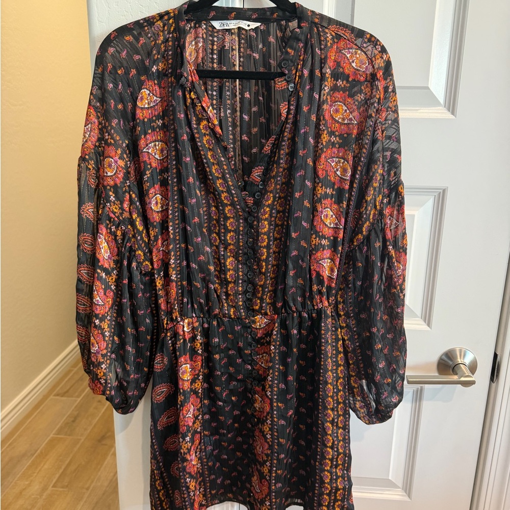 Zara Black and Red Bohemian Long Sleeve Dress